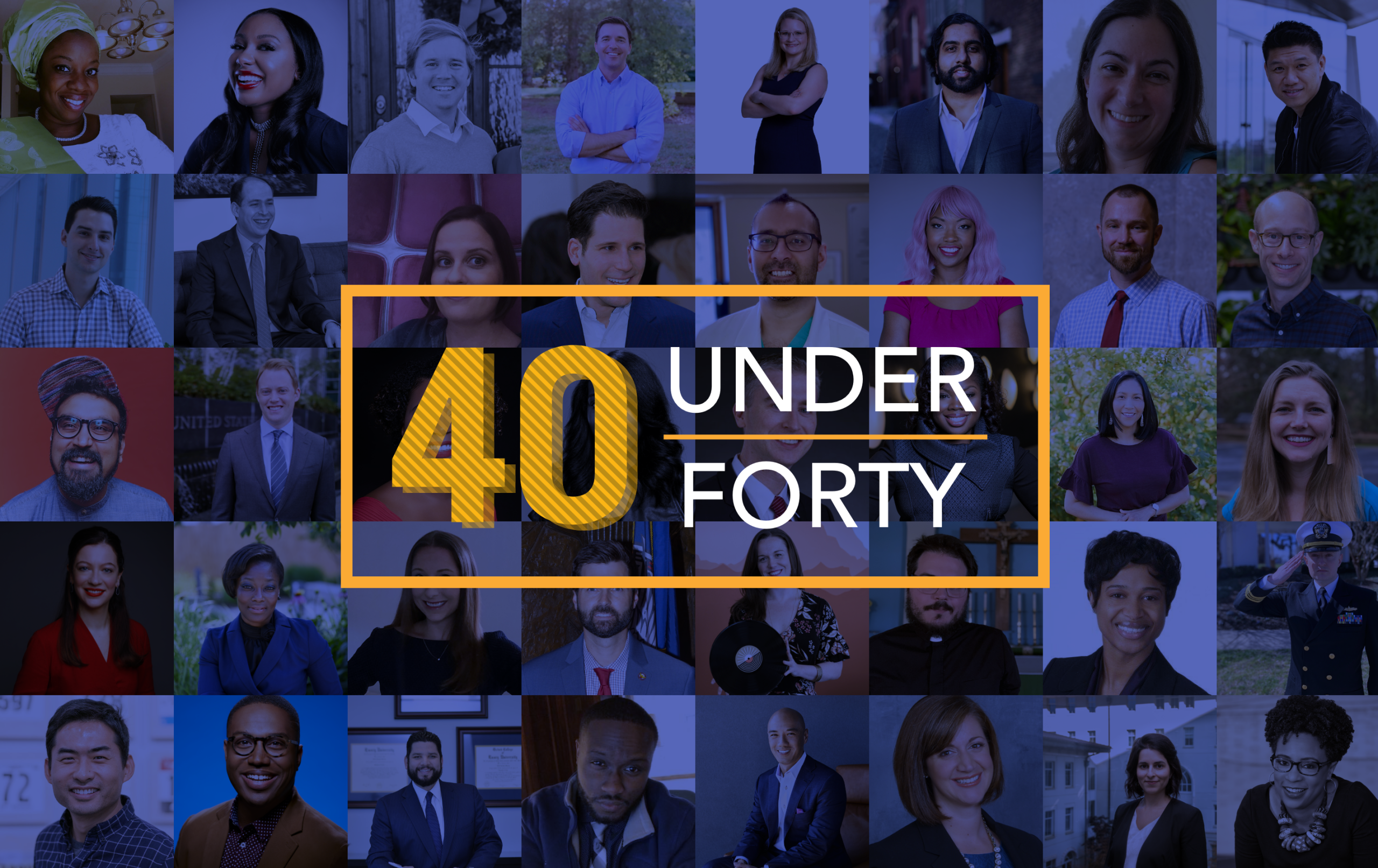 Collage of faces with the 40 under 40 logo